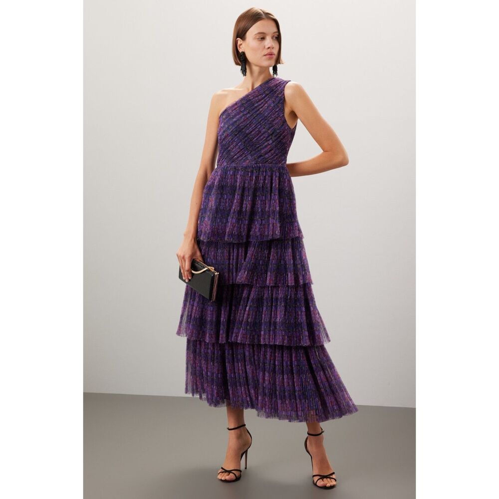 Hutch Xala Dress - Purple one shoulder tulle midi gown
